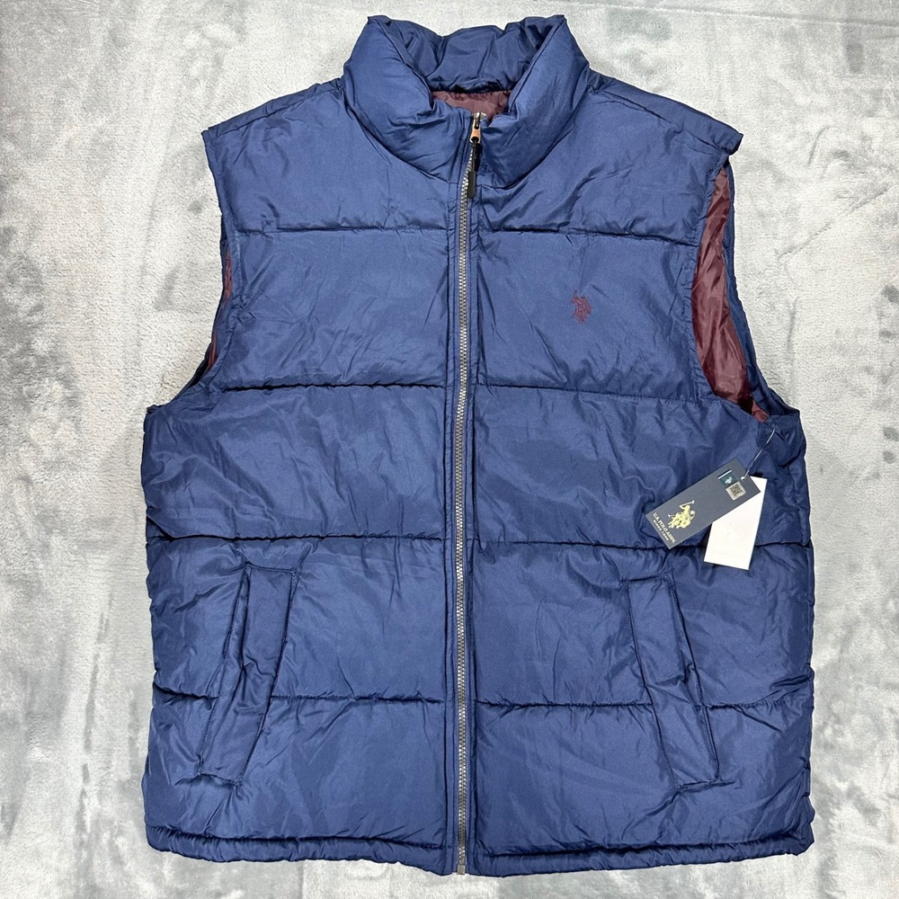 US Polo Assn Mens Puffer Vest Navy Blue Burgundy Quilted Full Zip XL 109656P2
